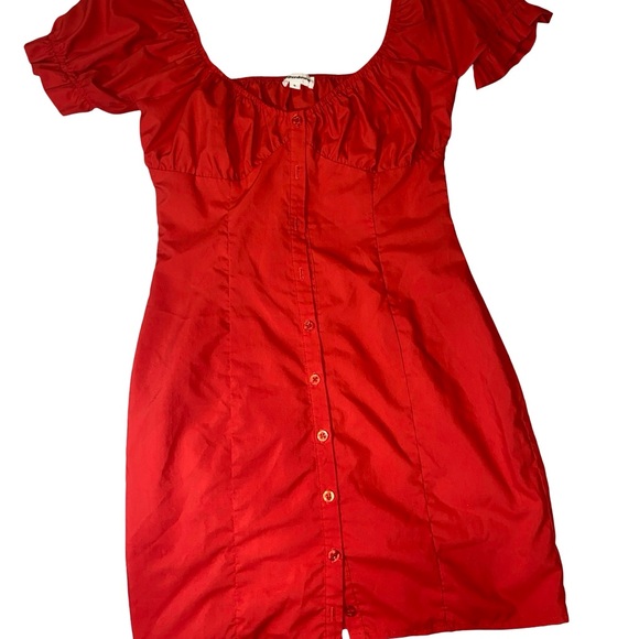 Superdown Red botton up feminine Bodycon Mini Dress with Puff‎ Sleeves size S - Picture 2 of 7